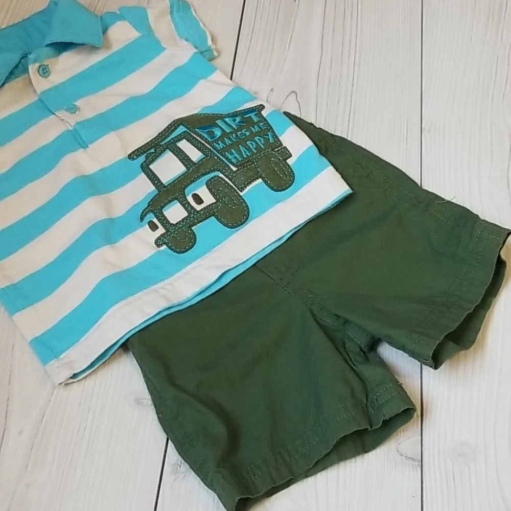 Just one year blue white stripe collared shirt/green short set 3 mo